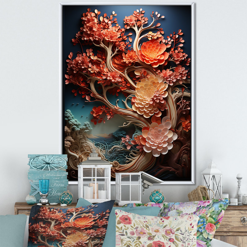 Coral Tree Harmony, reproduction d'art sur toile, H 32 po x l 16 po x P 1 po, Cadre flottant blanc