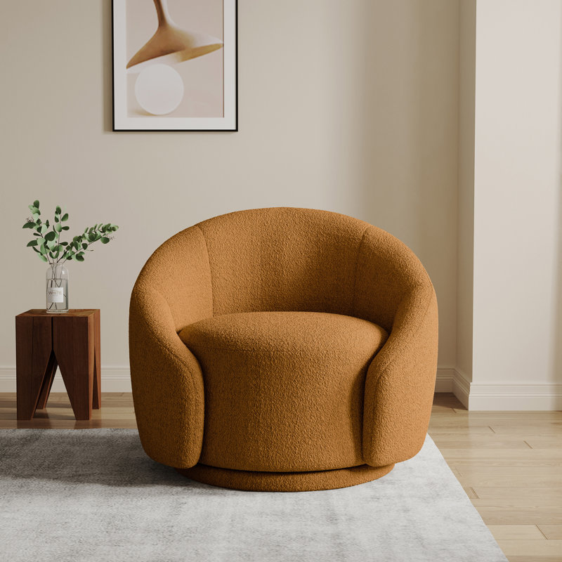 Fauteuil demi-tonneau pivotant rembourré Aunna, Teddy rouillé orange