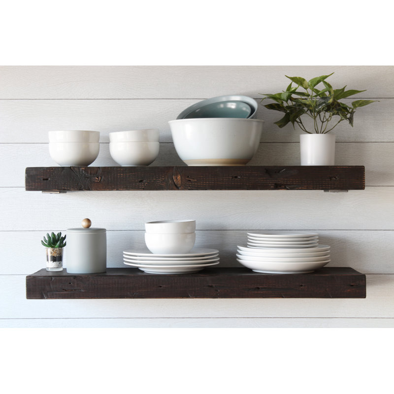 Tablettes flottantes en bois de grange récupéré avec supports à profil bas, H 2,5 po x l 24 po x P 11 po, Brun rustique