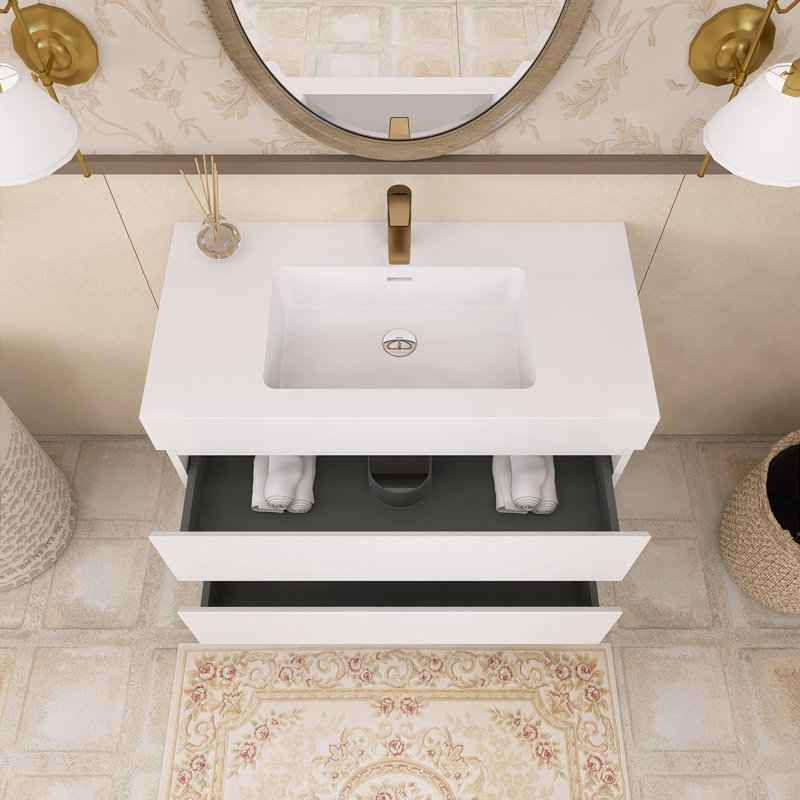 Meuble-lavabo simple 35,8 po avec surface solide Sibin, Blanc, Blanc