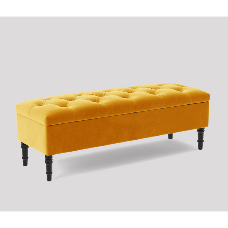 Alyana Wide Tufted Rectangle Ottoman Storage Bench - Upholstery Velvet Shoe Bench with Turned Wooden Legs, Mustard