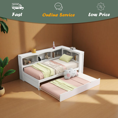 Lit de jour simple avec lit gigogne, armoires de rangement et ports USB