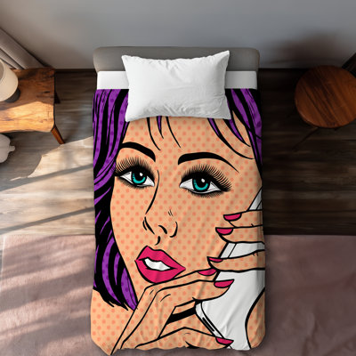 Pop Art Lady on Phone Beige Bedroom Duvet Cover | Home Decor