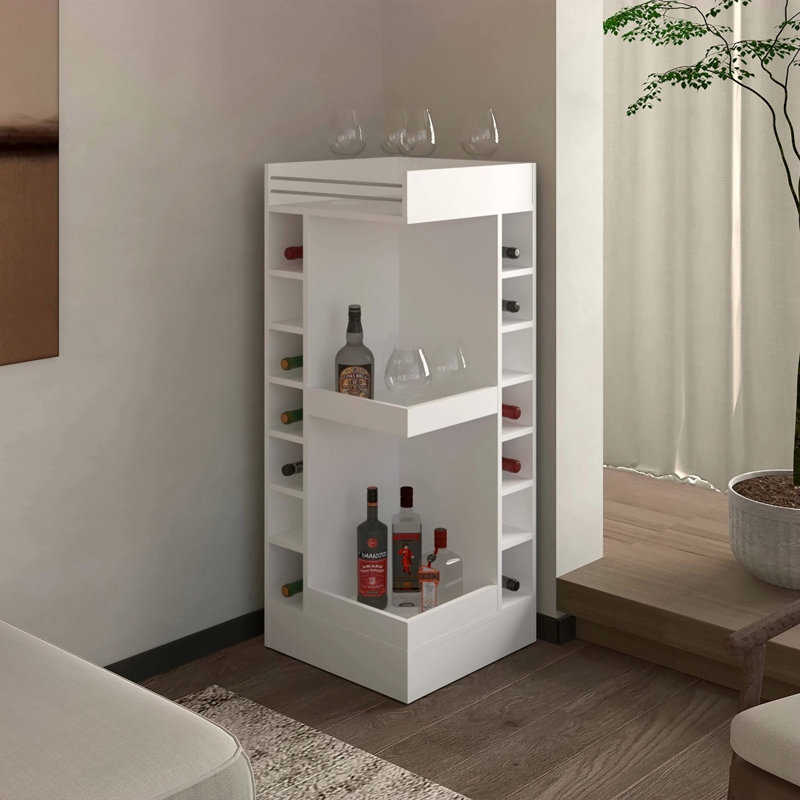 Bar de coin blanc avec support à vin et tablette ouverte, H 42,6 po x l 18,5 po x P 18,5 po, White