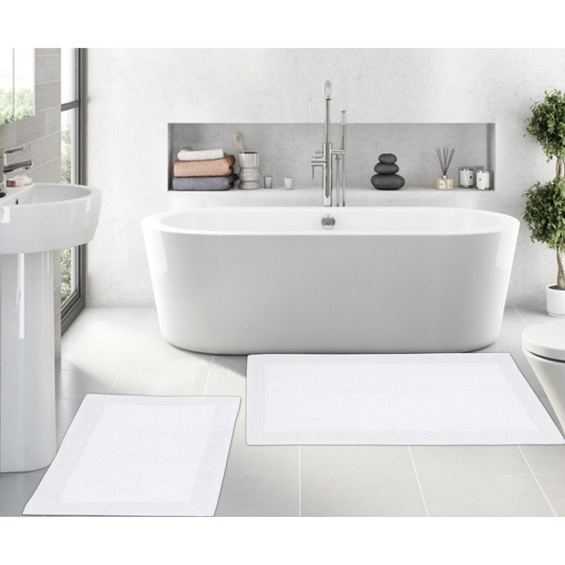 Tapis de bain luxueux 100% coton (ensemble de 2) réversible, Blanc, Ensemble de 2 pièces (24 po x 40 po, 17 po x 24 p
