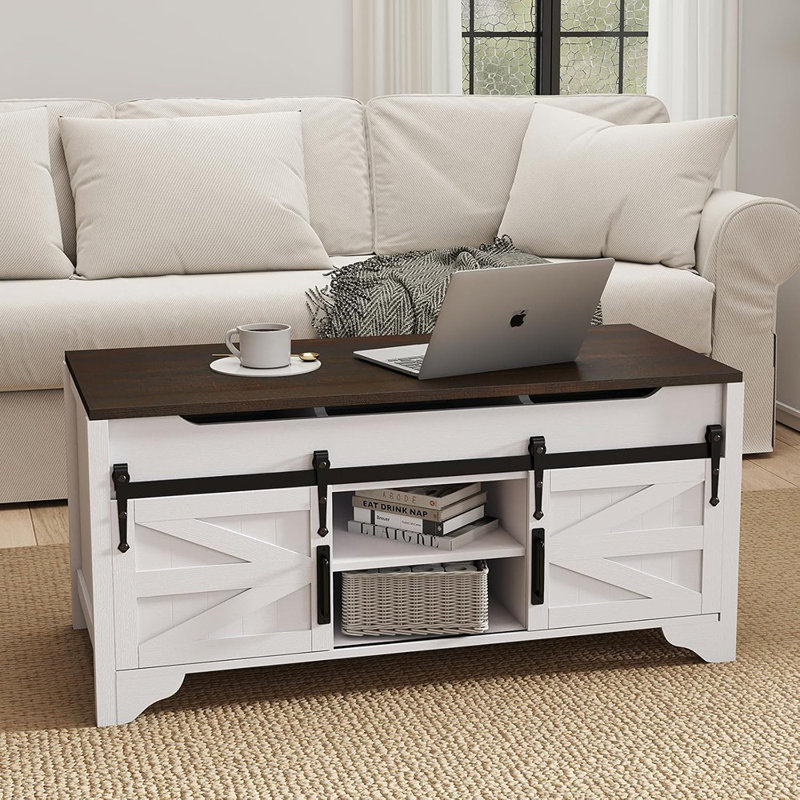 Table de centre rectangulaire moderne avec rangement caché et porte de grange coulissante, blanc rustique avec plateau brun