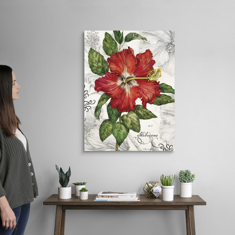 Hibiscus rouge sur toile blanche, H 32 po x l 24 po x P 1,25 po, Toile tendue