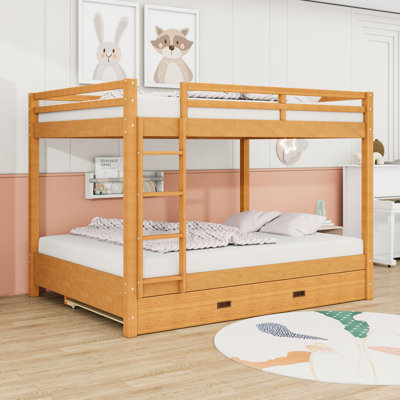 Queen Size Wooden Bunk Bed With Twin XL Size Trundle And Guardrails
