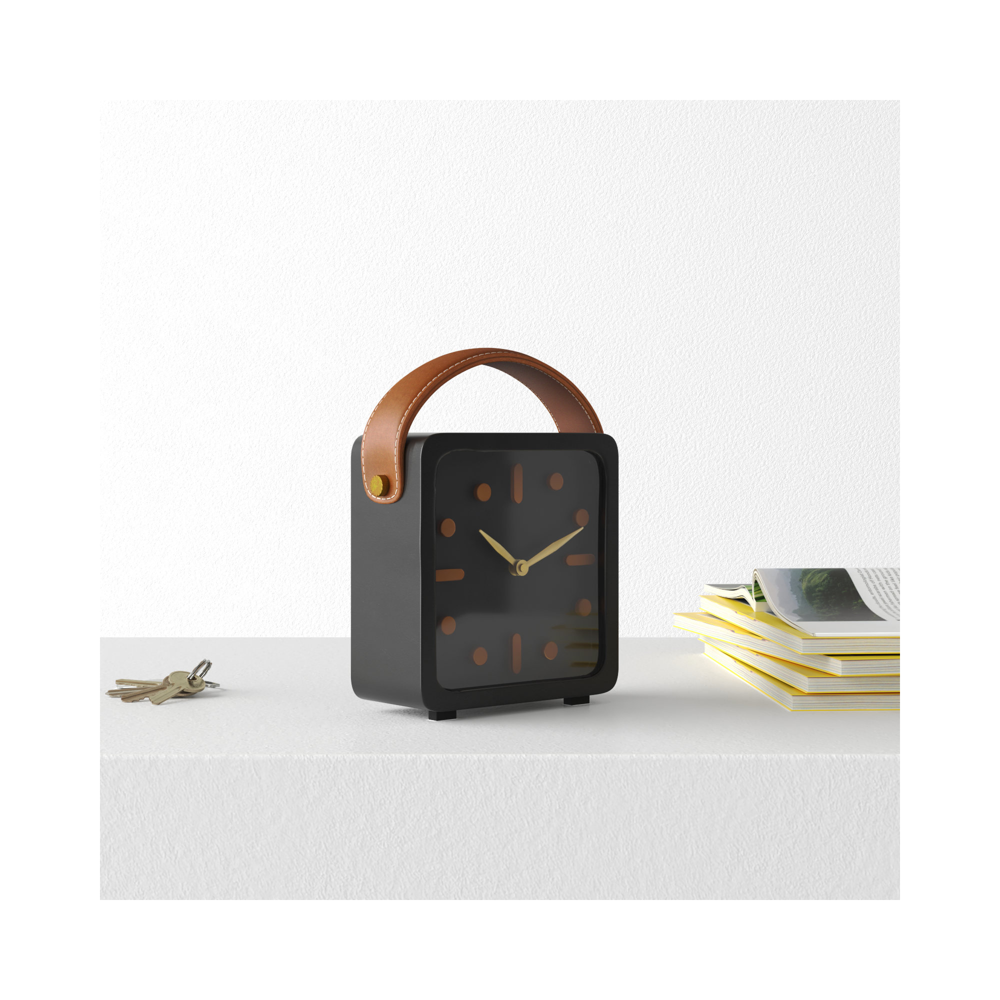 Analog Metal Quartz Tabletop Clock in Black, 8.45" H x 6.85" W x 2.75" D