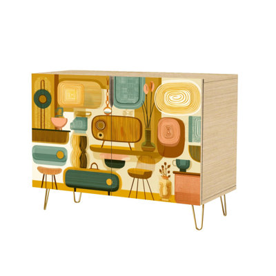 Sideboard Buffet Cabinet with Storage Vintage Modern Biomorphic Shapes Textile Surface Design with 2 Doors for Living Room and Kitchen