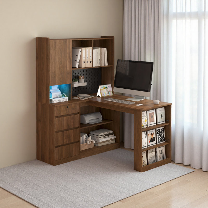 L Shaped Desk,Computer Desk With Drawers,Bookshelf,With LED Light,Modern Corner Desk,Home Office Desk,L-Shaped Study Table Writing Desk,Corner Gaming Computer Desk With Storage