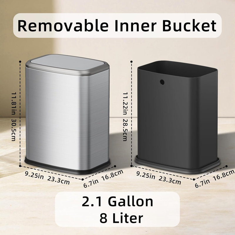 Slim Swing-Top Trash Can – 6.5" Narrow Stainless Steel Bin with 60 Drawstring Bags