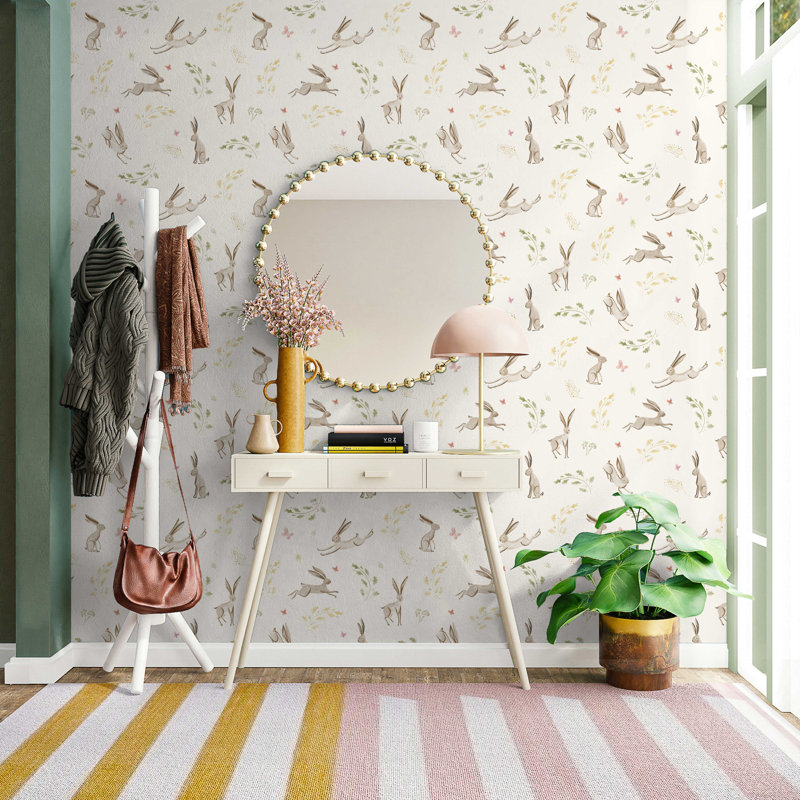 Rouleau de papier peint L 33 pi x l 20,5 po Yuki Osada Springtime for Bunnies, Crème / brun clair