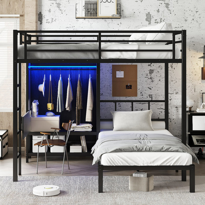 Lit superposé en métal avec bureau pliant, garde-robe à DEL, peu encombrant / réduit le bruit