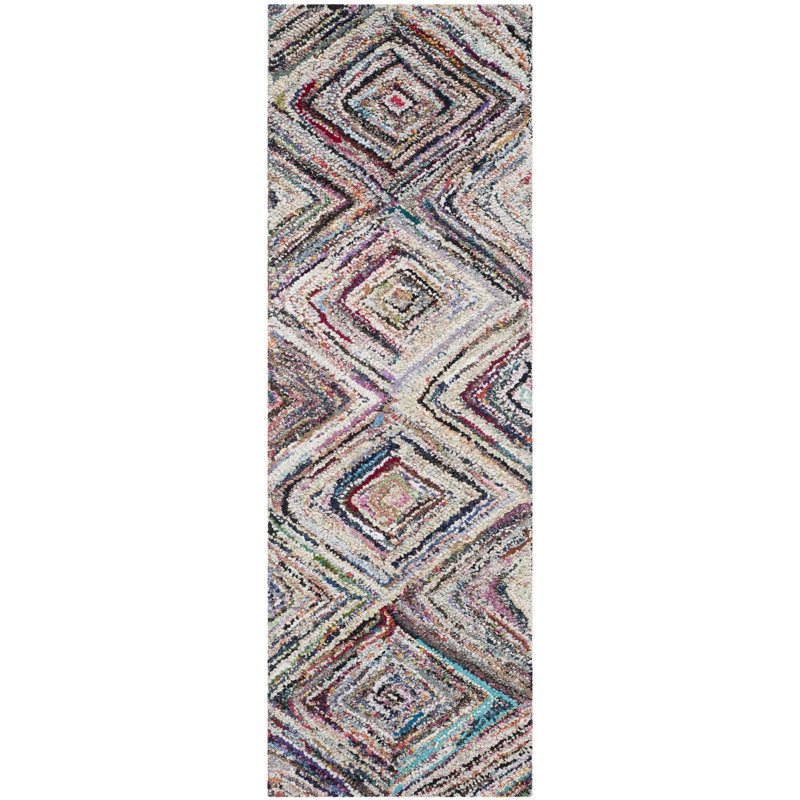 Tapis bleu / rose / jaune touffeté à la main à motif géométrique Anaheim, Rectangle 2 pi 3 po x 5 pi