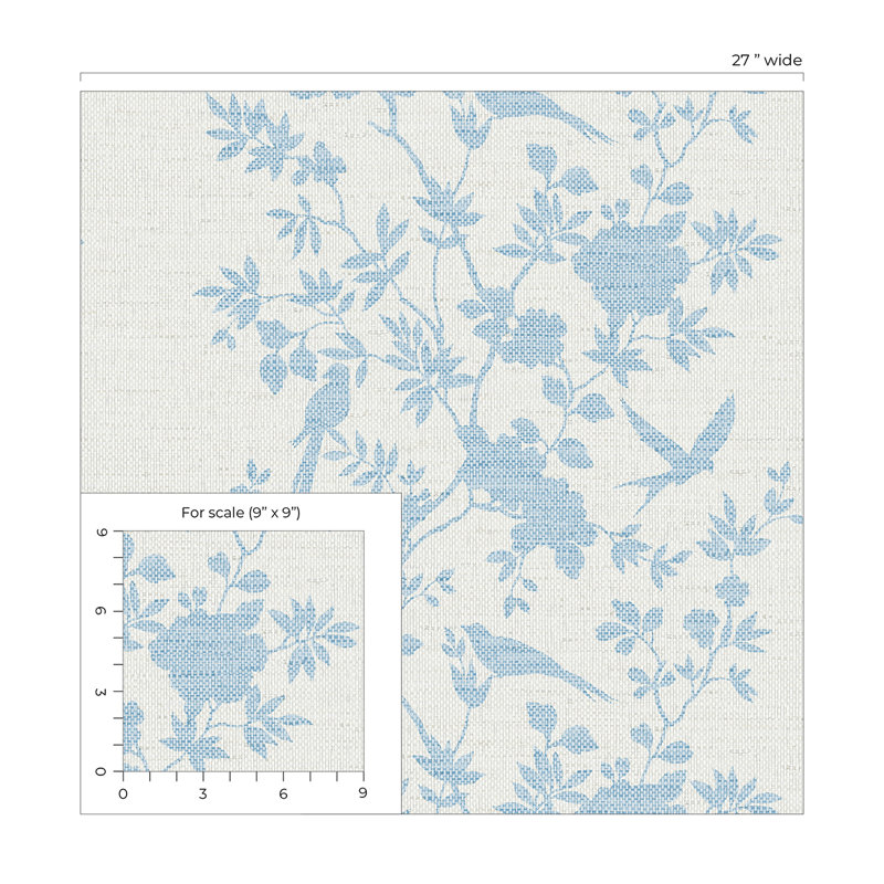 Floral Grass Cloth Wallpaper Roll, Maya Blue