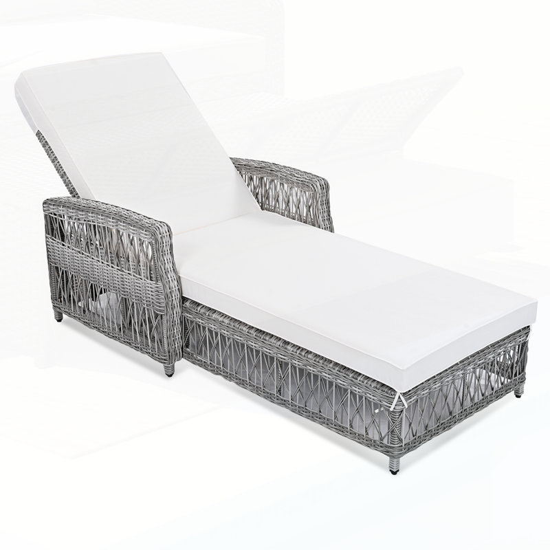 Outdoor Long Reclining Chaise, Wicker Lounge With Armrests, Patio Adjustable Recliner With Soft Removable Cushions, All Weather Rattan Pool Lounge For Poolside & Garden, Beige