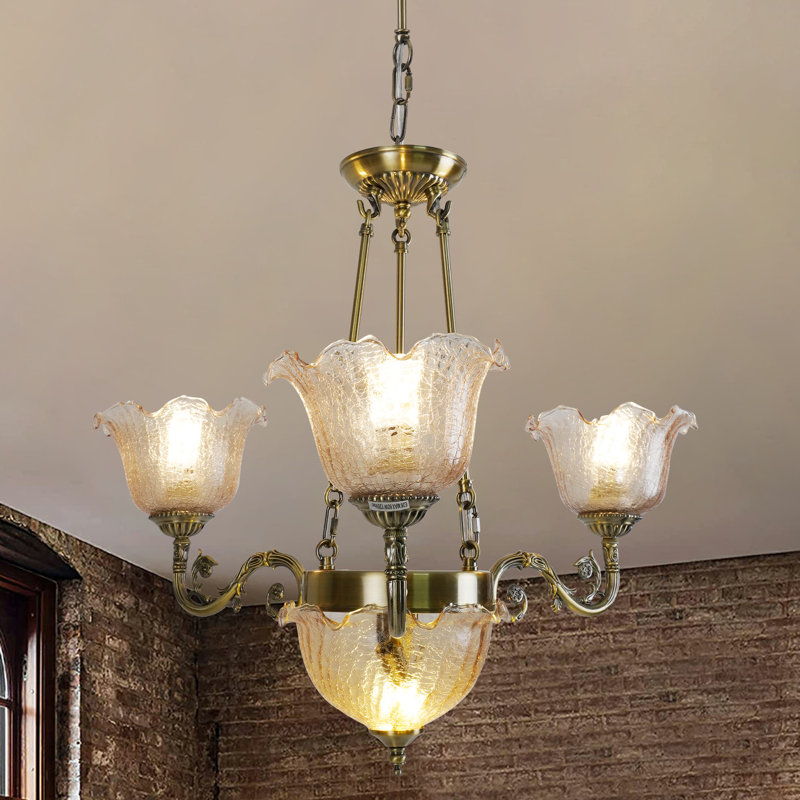Lustre 3 lumières rétro avec verre craquelé rose en forme de fleur pour le salon 