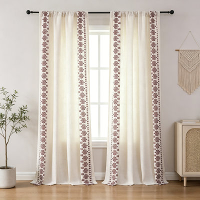 Boho Patterned Linen Curtains, Burgundy Red Embroidered 2 Panel Set, Light Filtering Drapes with Back Tab & Rod Pocket