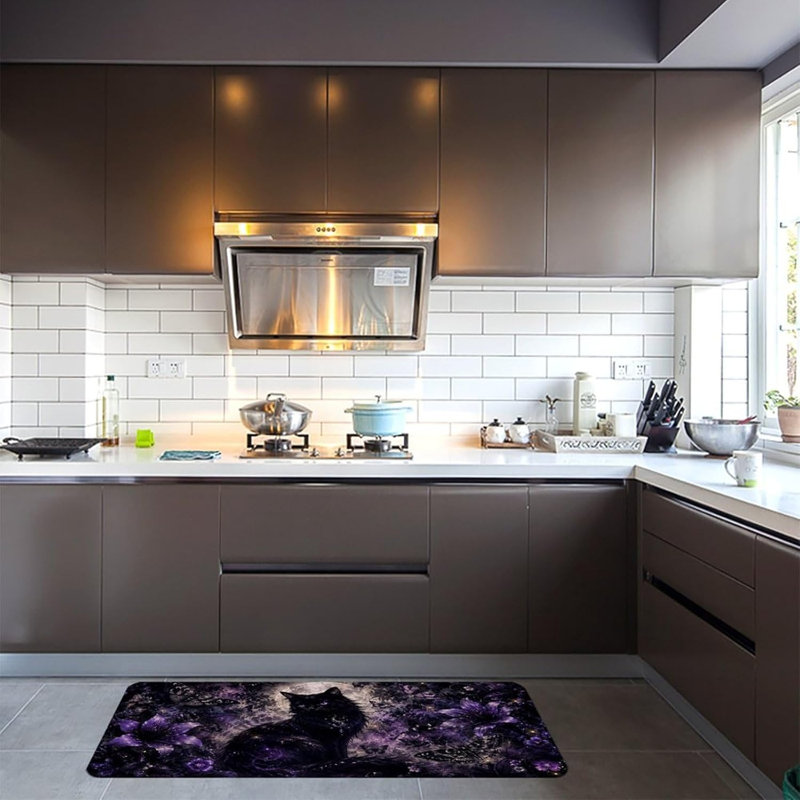 Tapis de cuisine à motif floral papillon et chat noir mystique au clair de lune, en flanelle douce antidérapante, 40 x 60 cm