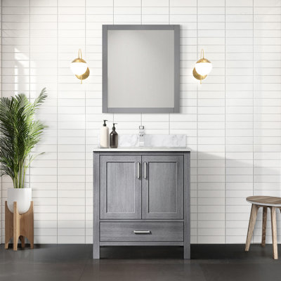 Meuble-lavabo gris vieilli de 76 cm de large, 56 cm de profondeur, miroir de 71 cm, un tiroir, étagère, installation facile.