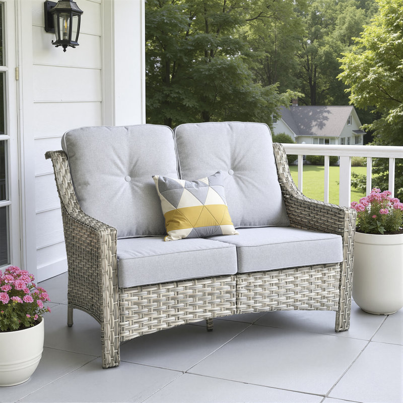 50.8" W 2-Seat Outdoor Patio Loveseat With 3.54" Thick Cushions, Pe Wicker Rattan Sofa With Steel Frame, High Back Tufted Cushion