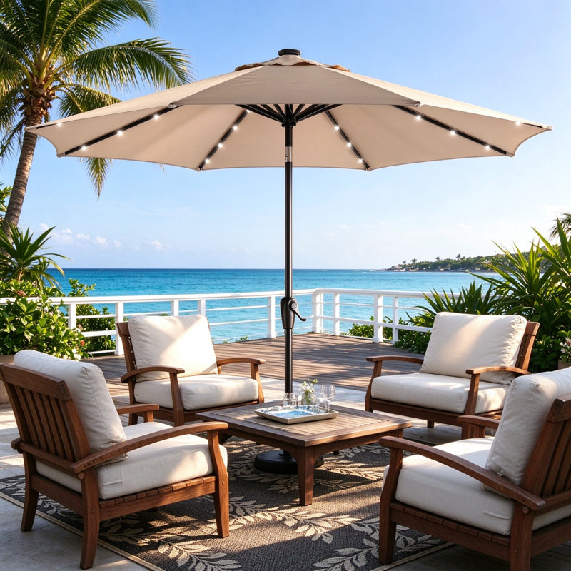 9Ft Patio Market Umbrella with 32 Solar LED Lights, Crank & Tilt, for Garden, Deck, Poolside, Red, Camel