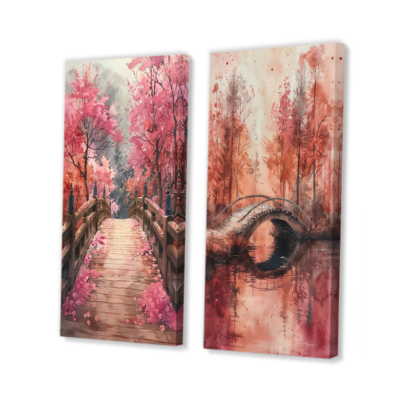 Ensemble de 2 pièces d'art mural pont rose et brun, H 40 po x l 40 po, Toile tendue