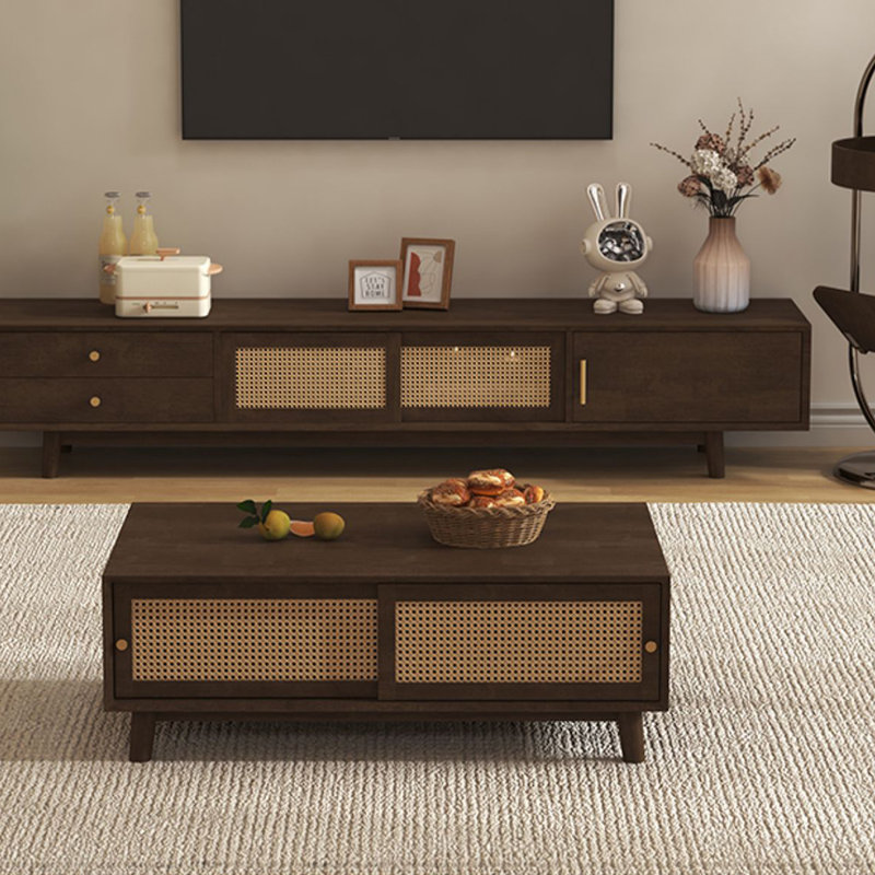 Rubberwood TV Stand & Coffee Table Set, Brown