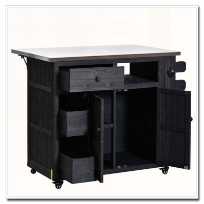 Outdoor Solid Wood Extendable 19.3''/28'' Kitchen Island, Stainless Steel Top Grill Table with Side Spice Rack