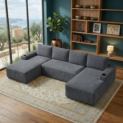 133.4inch Modular Sectional Couch for Living Room U-shaped Boneless Couch with Cup Holders & Storage Pockets Deep Seat Modular Sectional Sofa,No Assembly