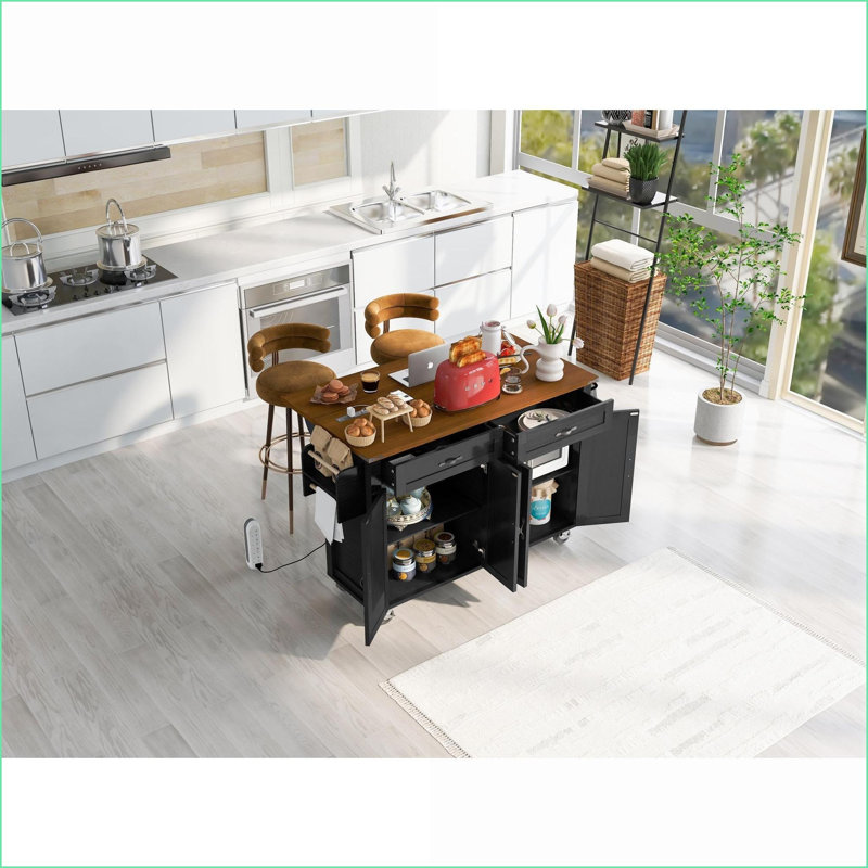 Kitchen Island with Storage, Farmhouse 53.5” Black &amp; Walnut Brown, Drop Leaf, Power Outlet, Wheels | Particle Board+MDF | Medium (40-55in)