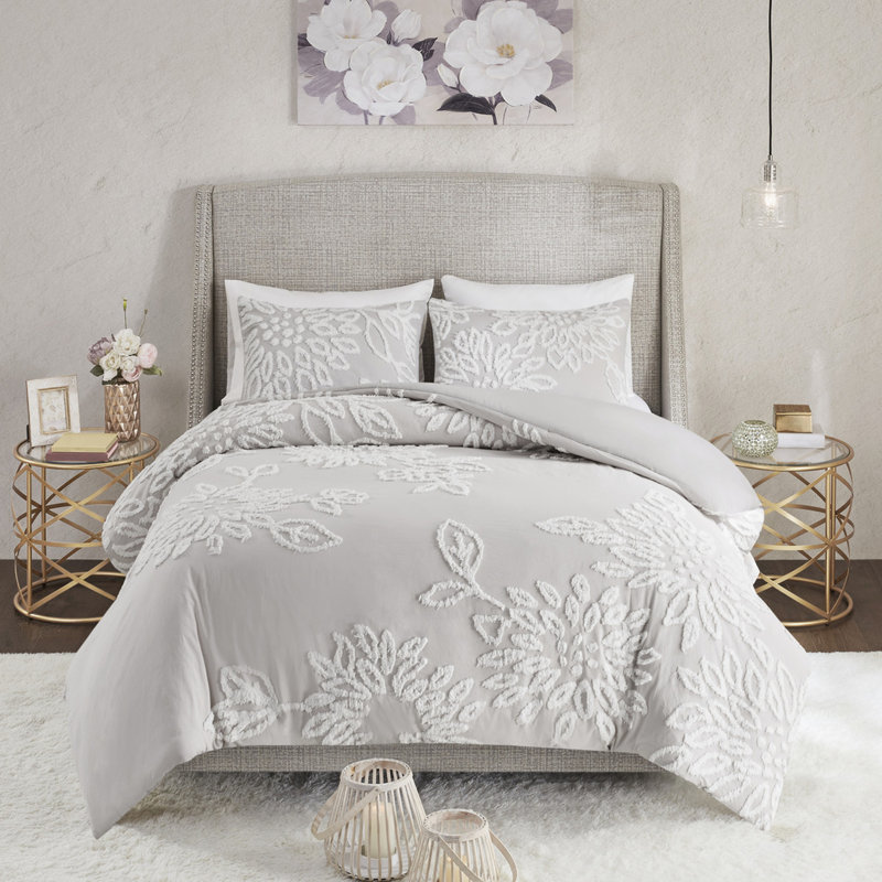 3 pièces, édredon en coton chenille floral, floral, chambre Shabby Chic, Édredon double et 2 taies décoratives