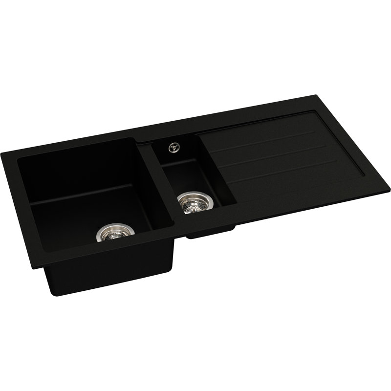 Abode Designs Xcite 500mm W Double Bowl Granite Kitchen Sink, Black Metallic