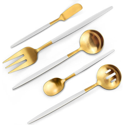 Ensemble d'ustensiles de service Enja en or blanc mat, ensemble d'ustensiles ronds 5 pièces en acier inoxydable, service de couverts d'hôtesse, finition satinée, va au lave-vaisselle