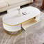 Table basse moderne ovale avec tiroirs, profil profilé incurvé, décor en métal doré