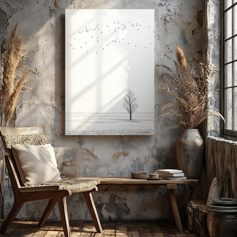 Toile, "Un paysage minimaliste avec un arbre solitaire avec de petites branches", art mural sur fond blanc, H 9 po x l 12 po