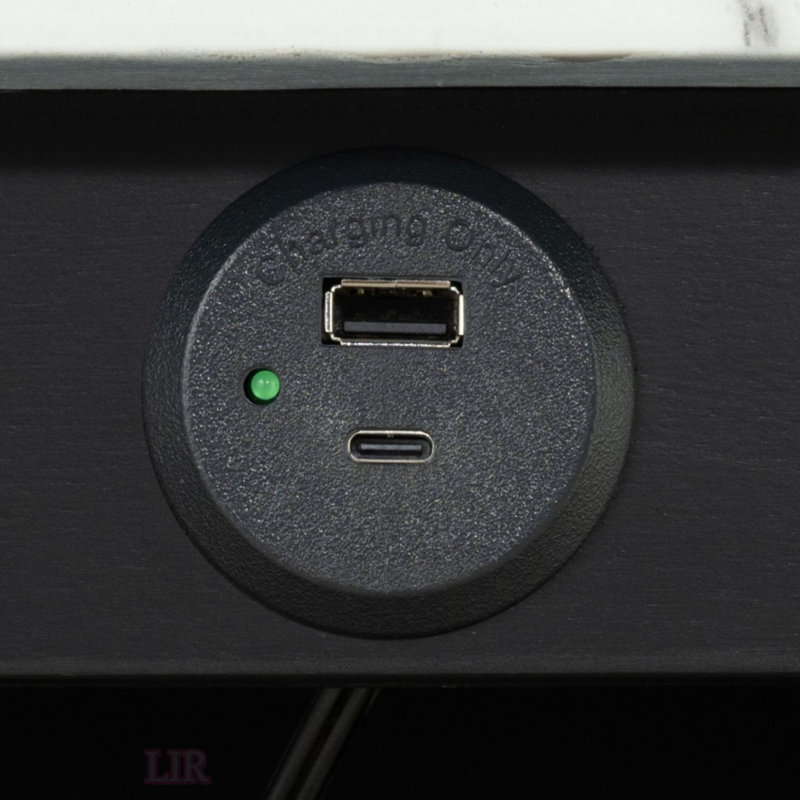 Table de salle à manger de style transitionnel avec tablettes de rangement, 2 tabourets, plateau ultrabrillant et ports de chargement USB