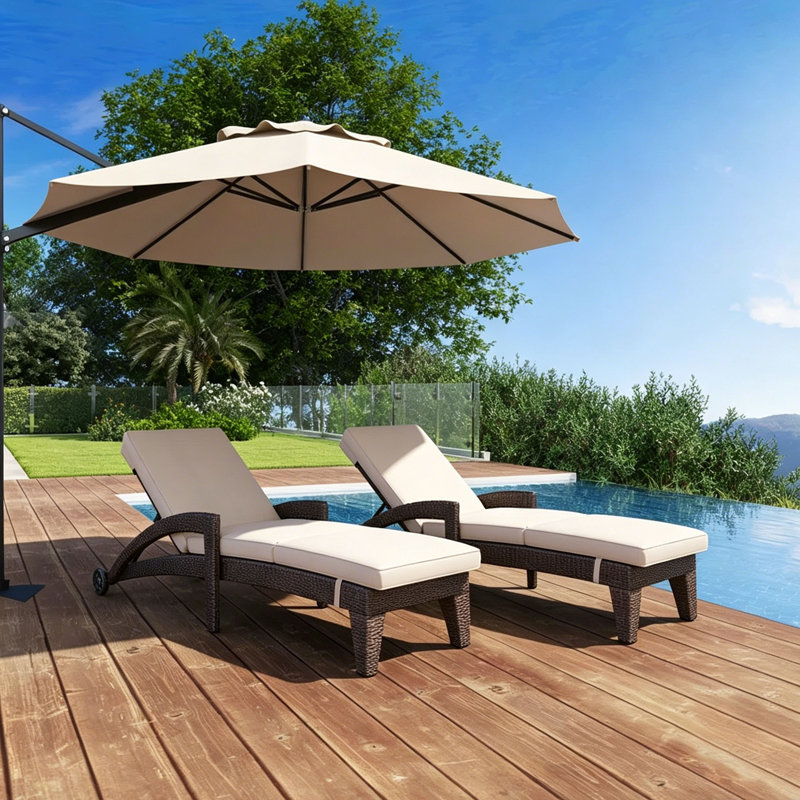 Patio Reclining Chaise Lounger With Removable Cushions For Backyard/Poolside(Set Of 2), Khaki Cushion/Reddish Brown Frame