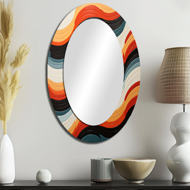 Illusion optique orange Mid Century III - miroir décoratif ovale abstrait sur métal, 36 po x 24 po