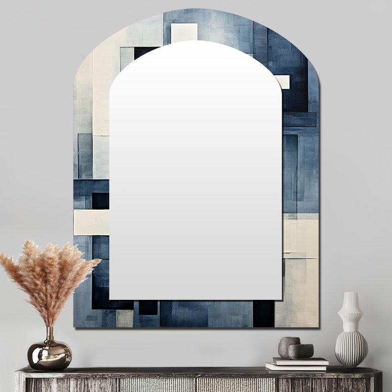 Indigo Illusion Abstract Shapes III - Abstract Shapes Asymmetrical Decorative Wall Mirror, Modern Arch Mirror, Printed Metal Art