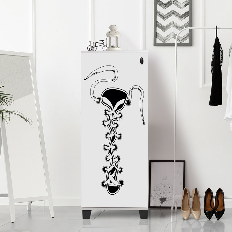 Élégante armoire à chaussures avec de nombreuses tablettes blanches et noires de 19,7 po x 50,0 po x 15,0 po | 100% panneau de particules enduit de mélamine, épaisseur: 0,7 pouce | Pieds en plastique, montables au mur, idéaux pour le rangement organisé et les décorations modernes