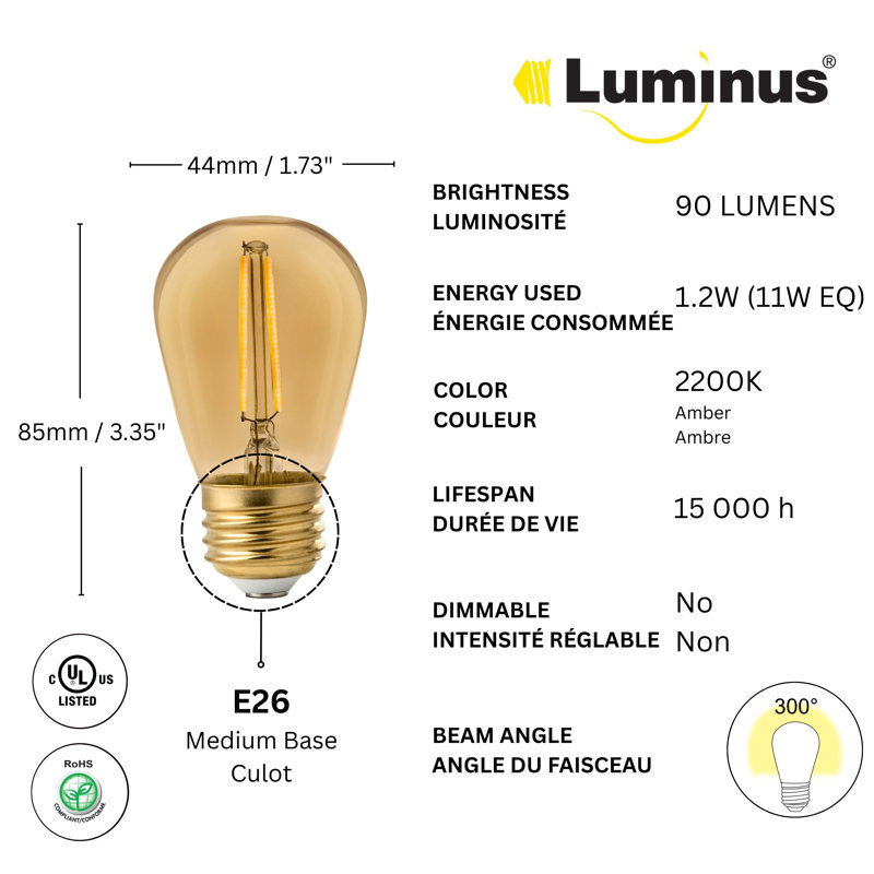 Ampoule à DEL E14 S14 avec ampoule rétro E14 (1,2 W) Luminus Led S14 90 lumens, 15 000 heures, 2200 K ambre, paquet de 6