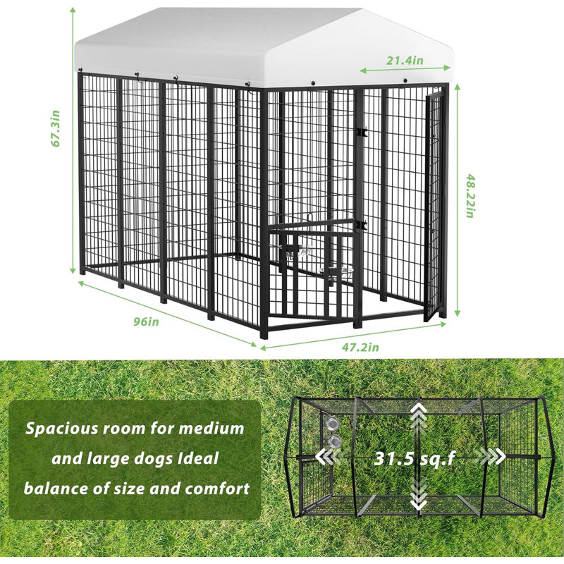 Chenil d'extérieur pour chien avec porte d'alimentation rotative, bols en acier inoxydable et toit en polyester amélioré