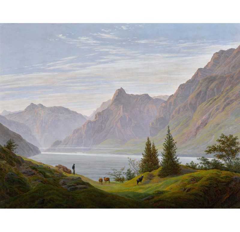 "Paysage avec lac de montagne, matin" par Caspar David Frederich, impression sur toile tendue avec châssis, H 48 po x l 33 po