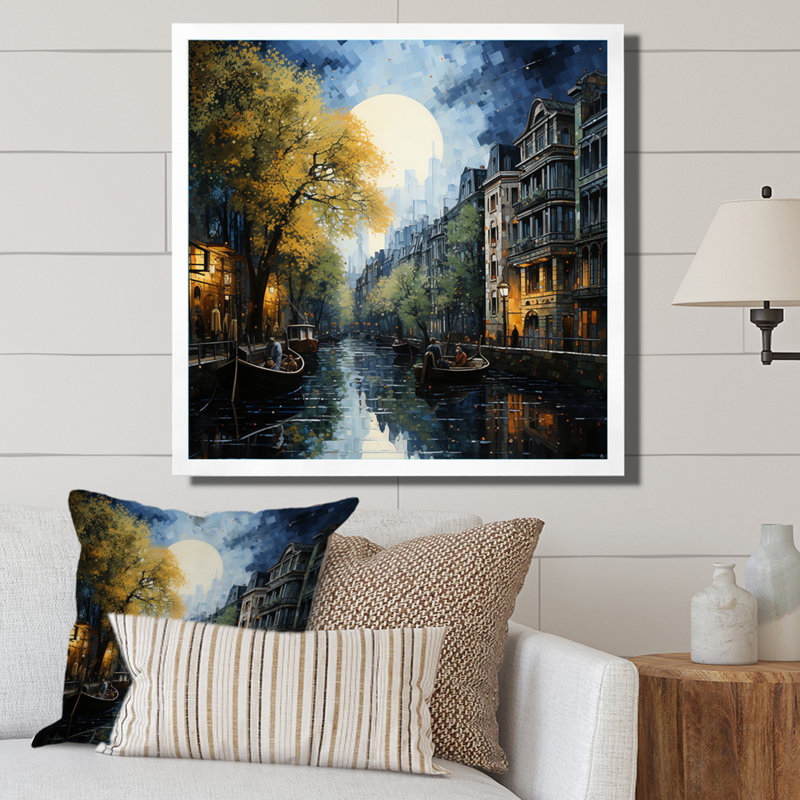 Canal vert, canal dramatique, pointillisme, H 30 po x l 30 po x P 1 po, Cadre simple blanc