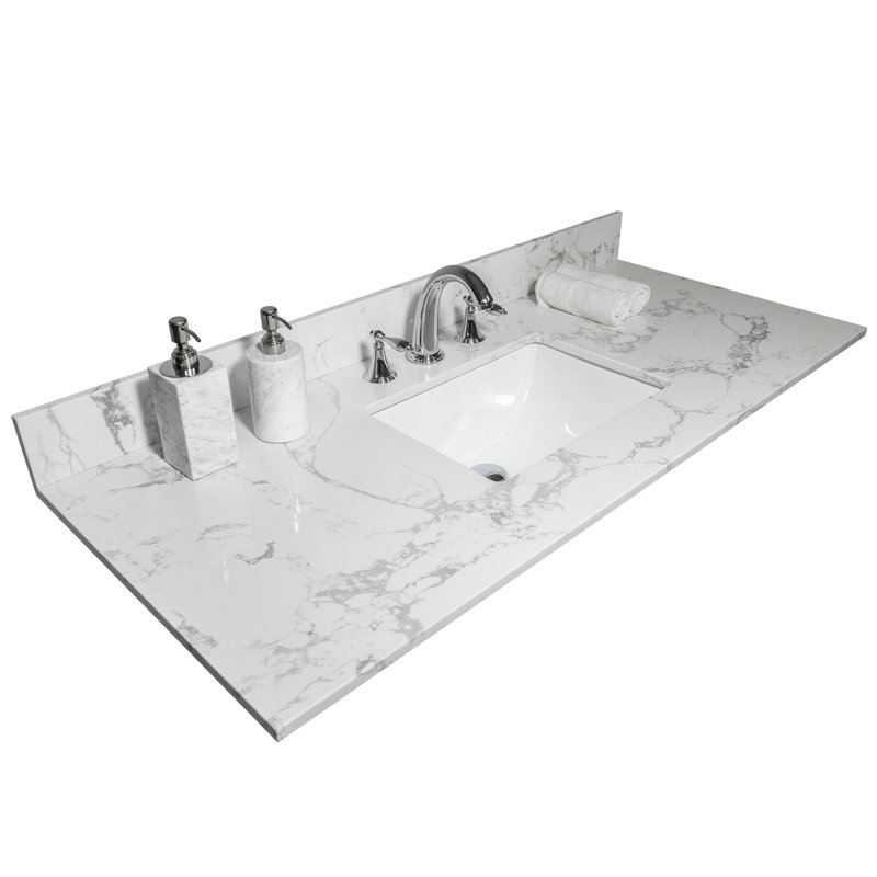 Plateau de meuble-lavabo 43 x 22 avec effet marbre blanc - pierre d'ingénierie, lavabo en céramique et dosseret pour Majesty