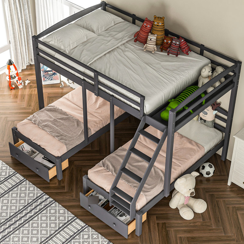 Lit double superposé au-dessus de simple et double en bois de pin gris avec tiroirs fonctionnels