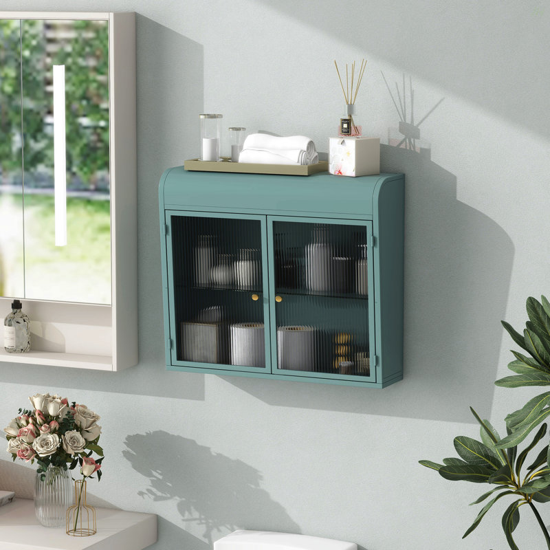 Army Green 2-Door Wall-Mounted Metal Storage Cabinet With Tempered Glass Doors & Shelves For Bathroom, Kitchen, Living Room & Office