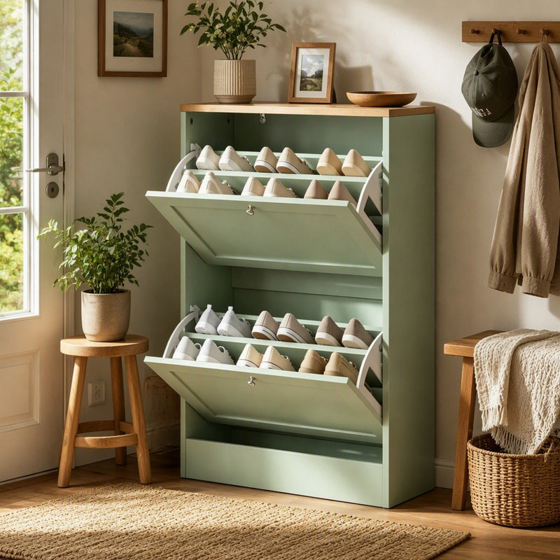 Meuble à chaussures moderne et étroit avec rangement dissimulé pour l'entrée, Green,Light Oak
